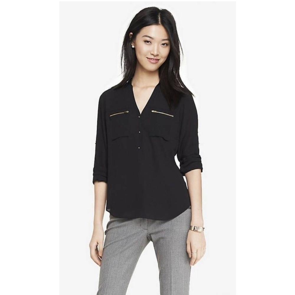 Express Black Sheer Blouse with Zipper Pockets and 3/4 sleeve buttons Size S